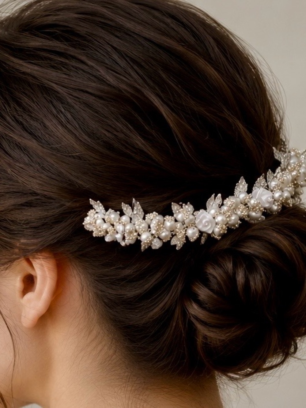 Silver & White Pearl Floral Bridal Tiara Hair-Comb